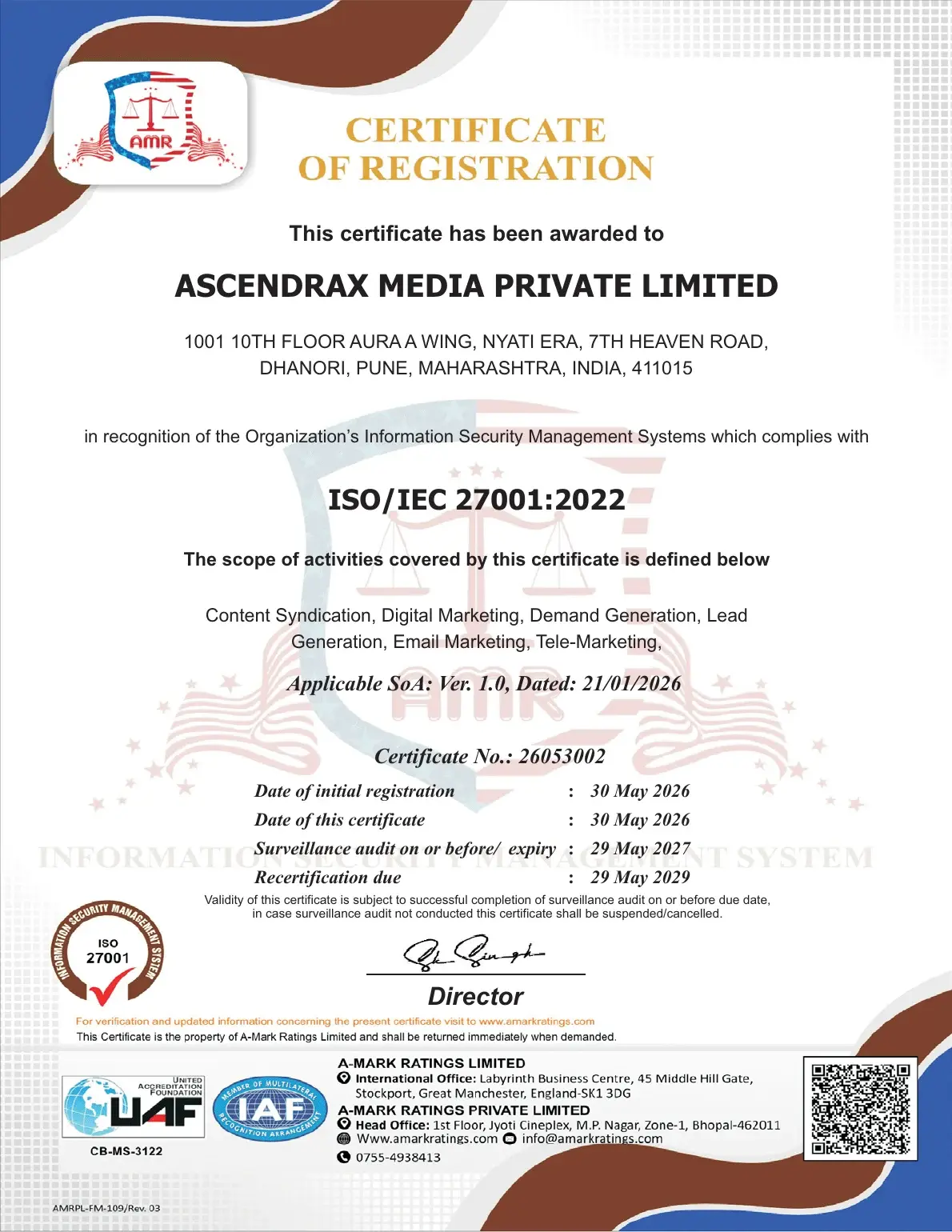 ISO/IEC 27001:2022 certificate for Ascendrax Media Private Limited